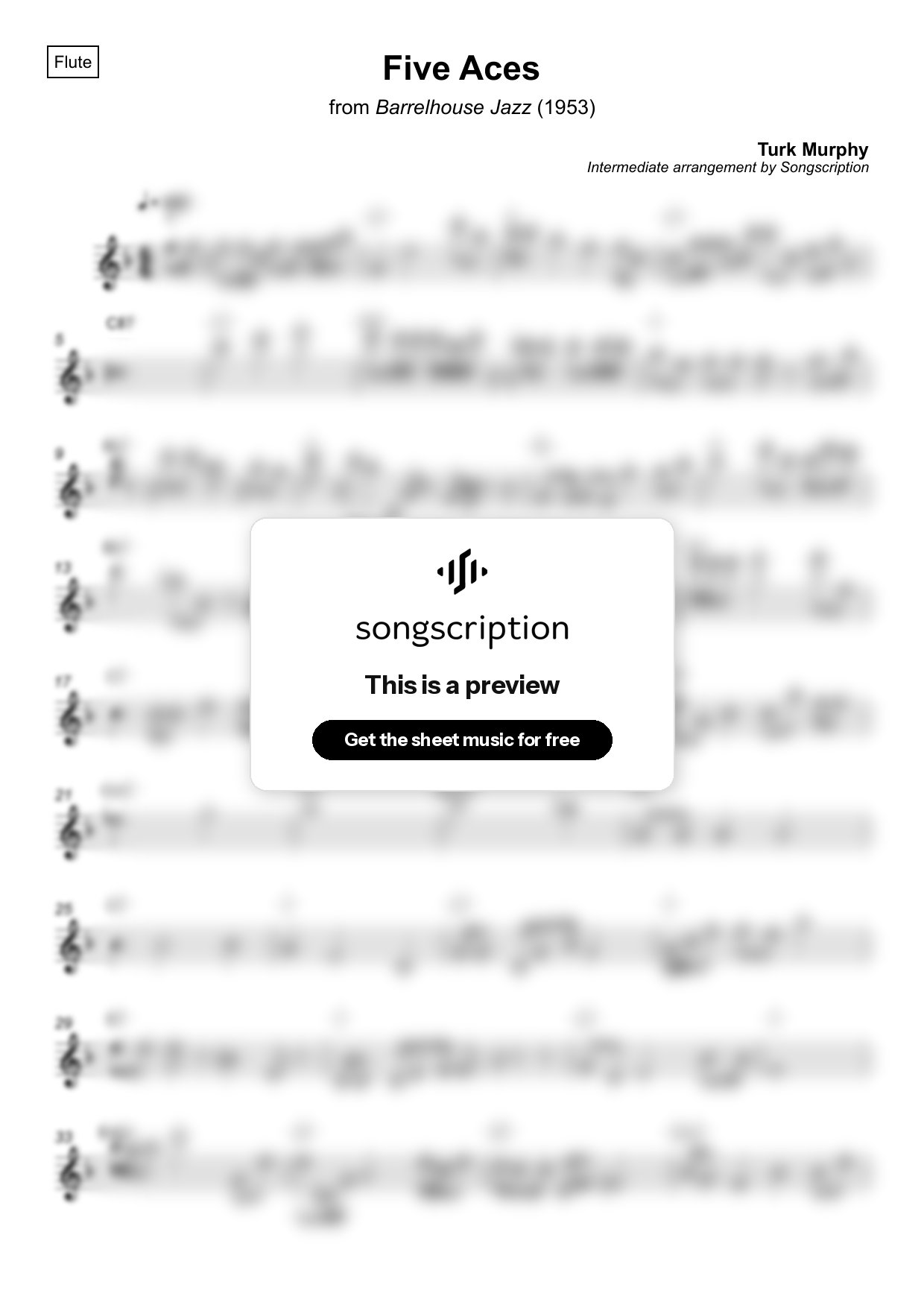 Intermediate Flute Sheet Music for "Five Aces" by Turk Murphy