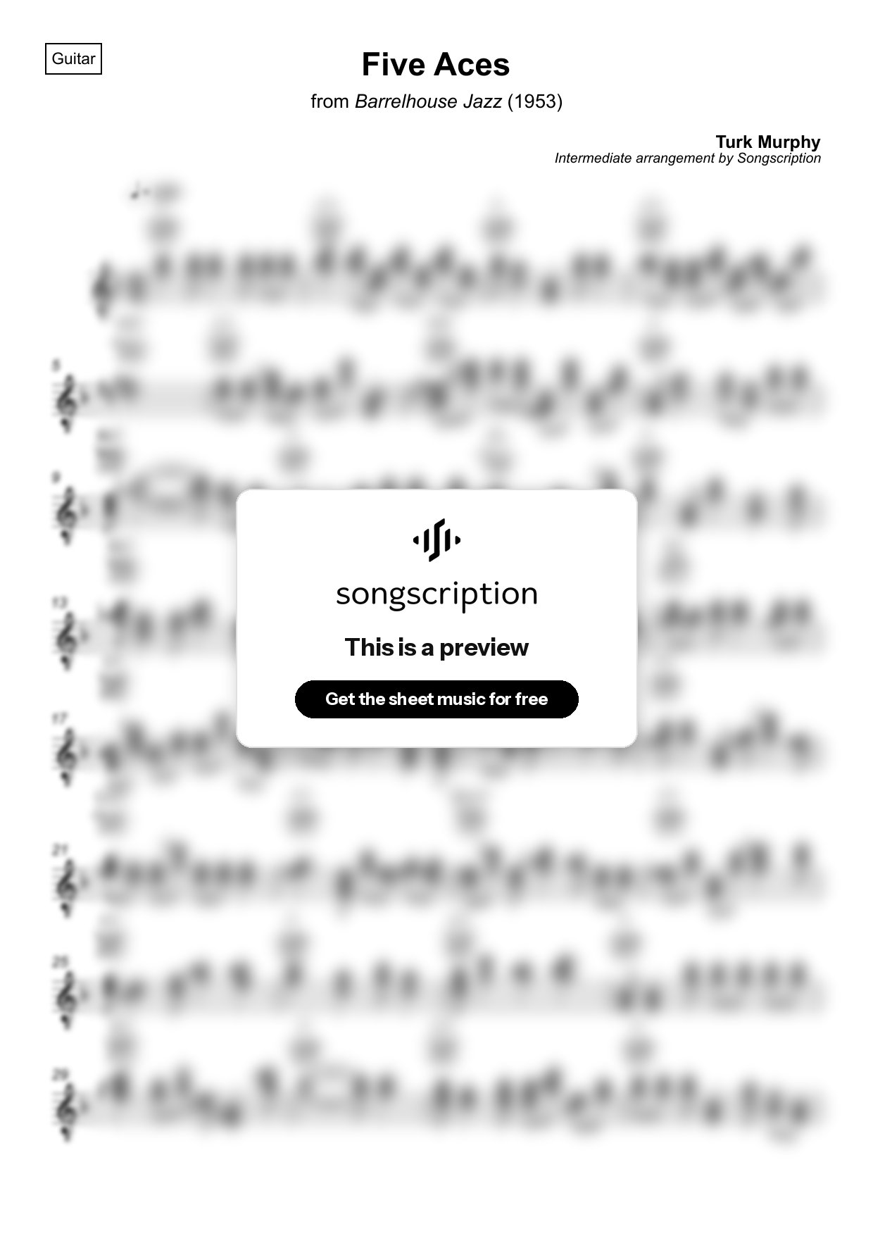 Intermediate Acoustic Guitar Sheet Music for "Five Aces" by Turk Murphy