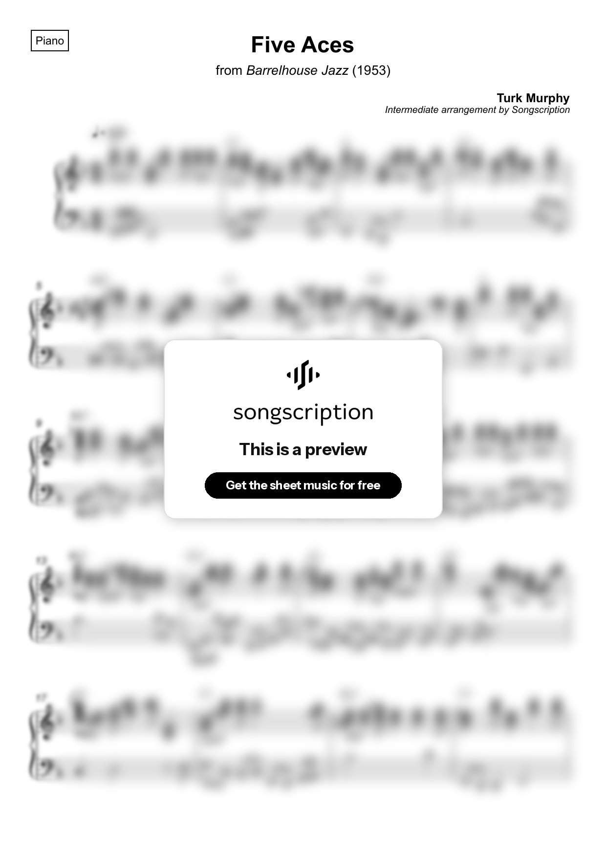 Intermediate Piano Sheet Music for "Five Aces" by Turk Murphy