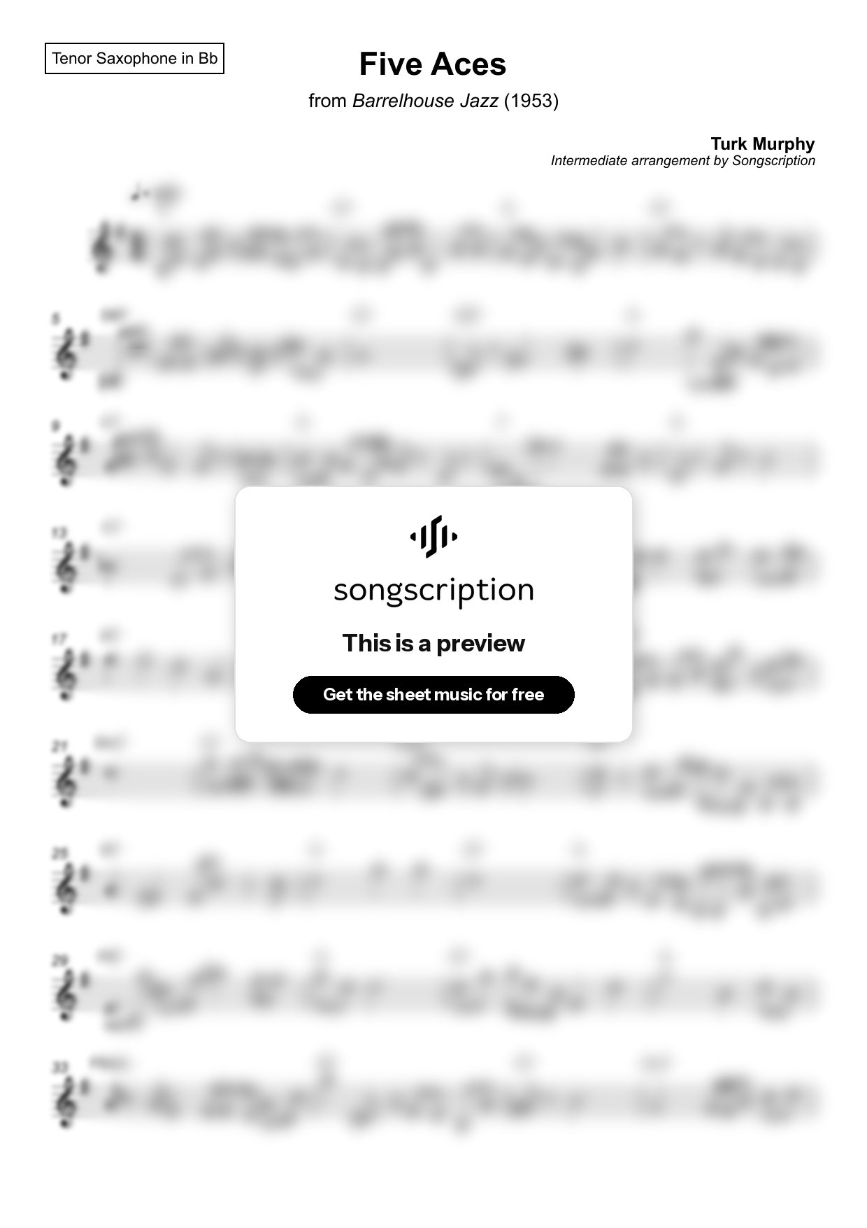 Intermediate Tenor Sax Sheet Music for "Five Aces" by Turk Murphy