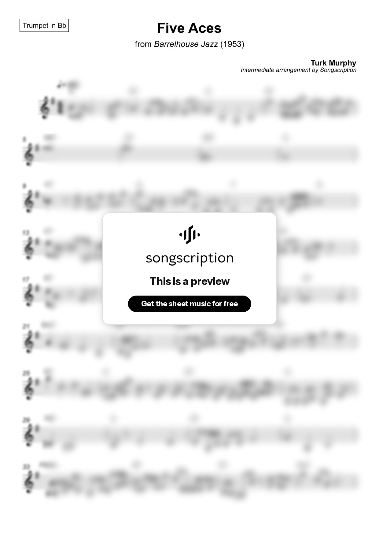Intermediate Trumpet Sheet Music for "Five Aces" by Turk Murphy