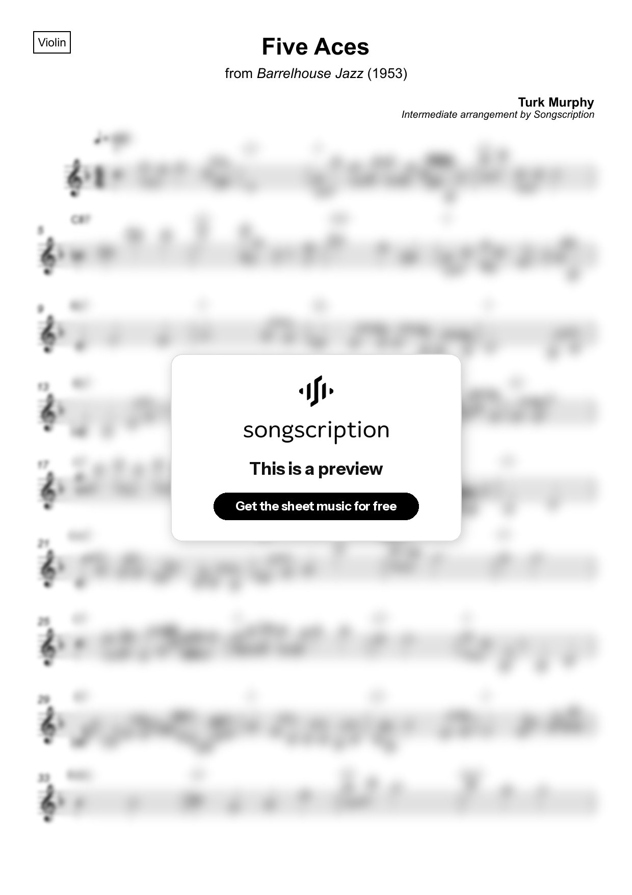Intermediate Violin Sheet Music for "Five Aces" by Turk Murphy