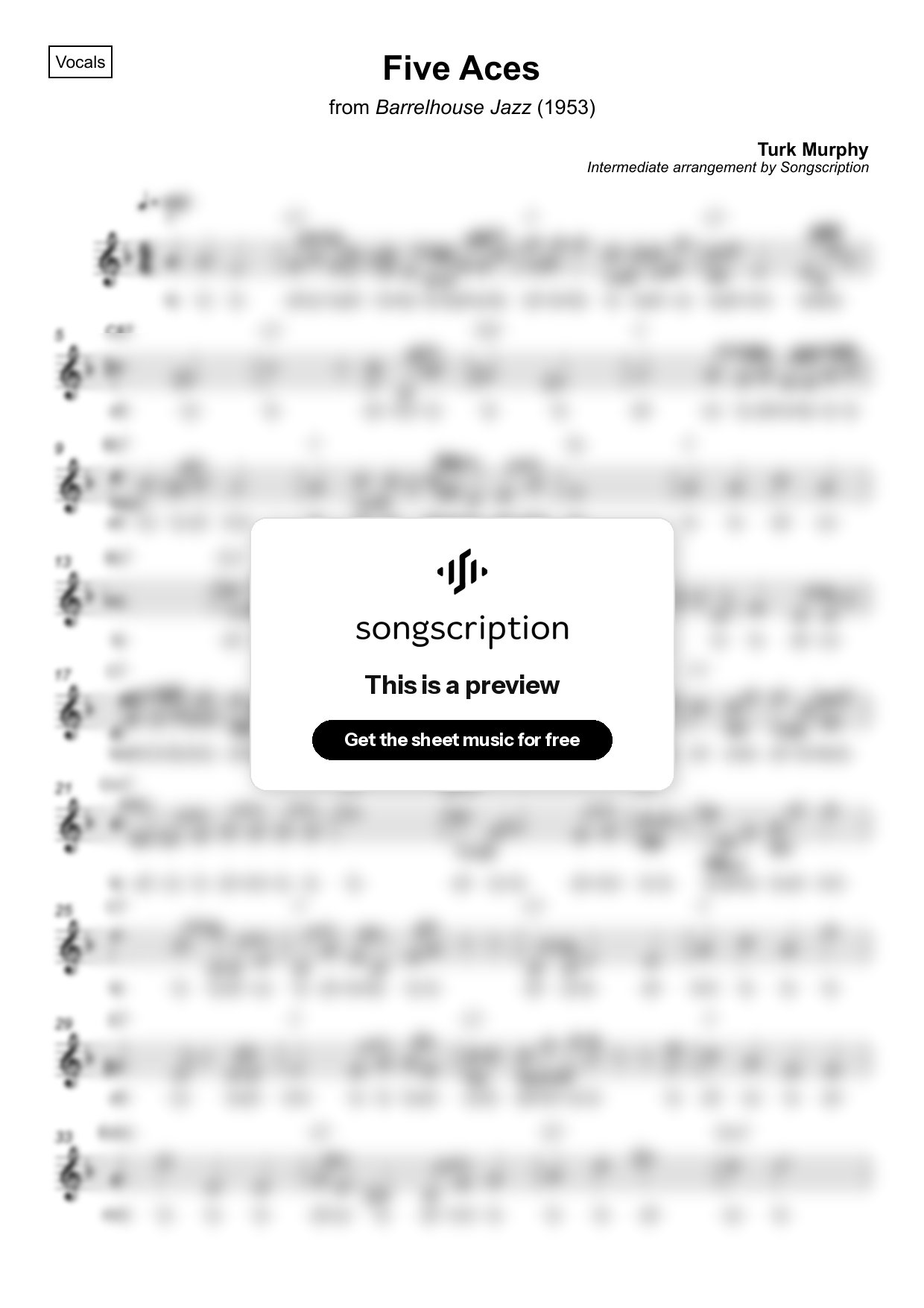 Intermediate Vocals Sheet Music for "Five Aces" by Turk Murphy