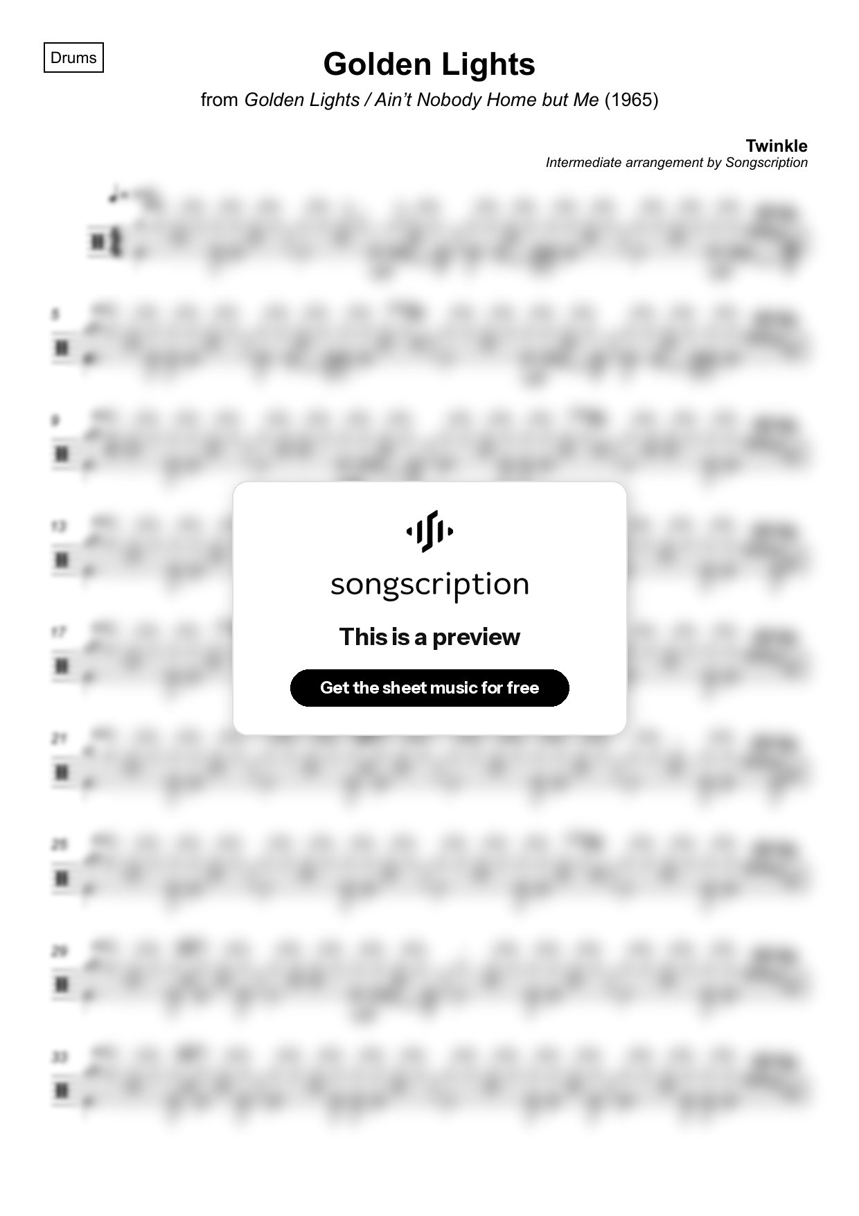 Intermediate Drums Sheet Music for "Golden Lights" by Twinkle