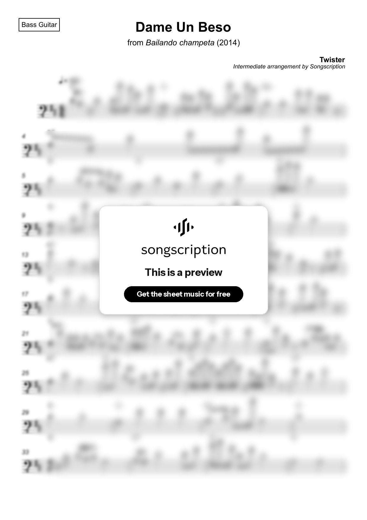 Intermediate Bass Guitar Sheet Music for "Dame Un Beso" by Twister