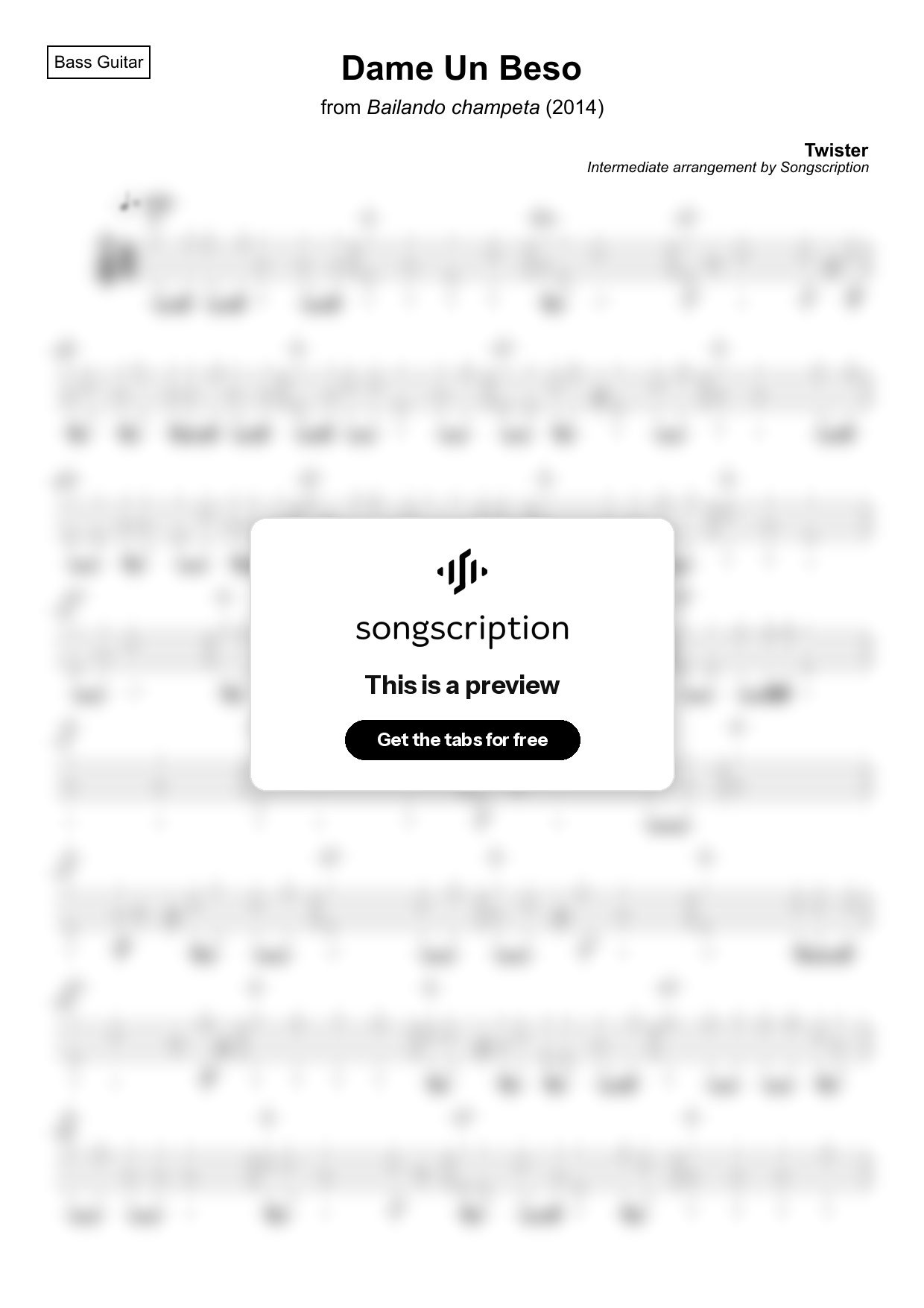 Intermediate Bass Guitar Tabs for "Dame Un Beso" by Twister