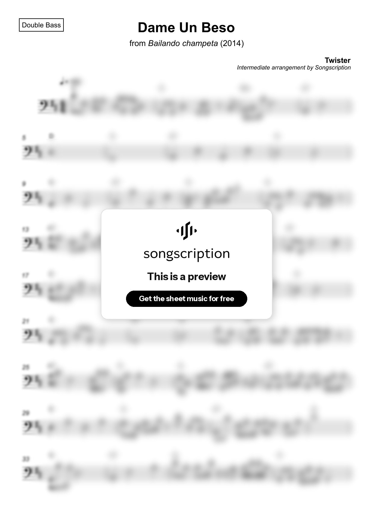 Intermediate Double Bass Sheet Music for "Dame Un Beso" by Twister