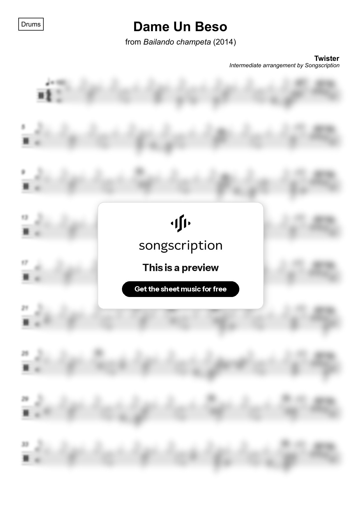 Intermediate Drums Sheet Music for "Dame Un Beso" by Twister