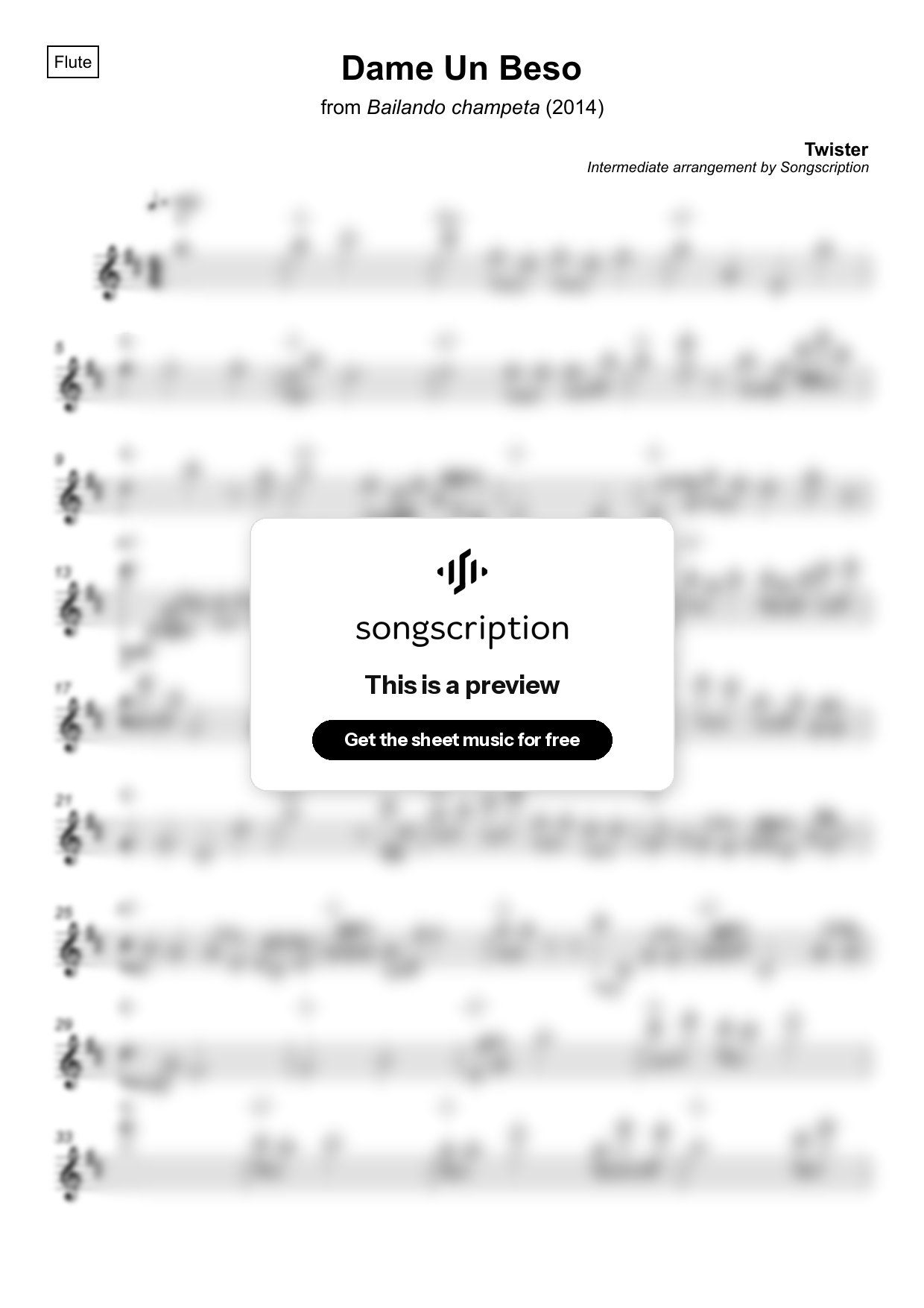 Intermediate Flute Sheet Music for "Dame Un Beso" by Twister