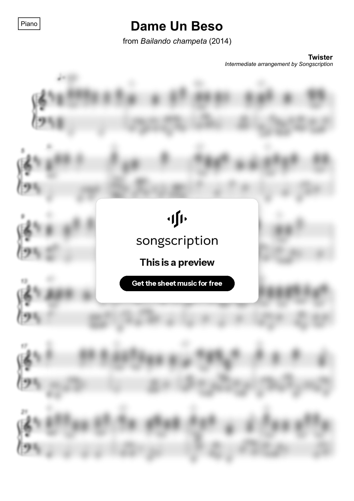 Intermediate Piano Sheet Music for "Dame Un Beso" by Twister
