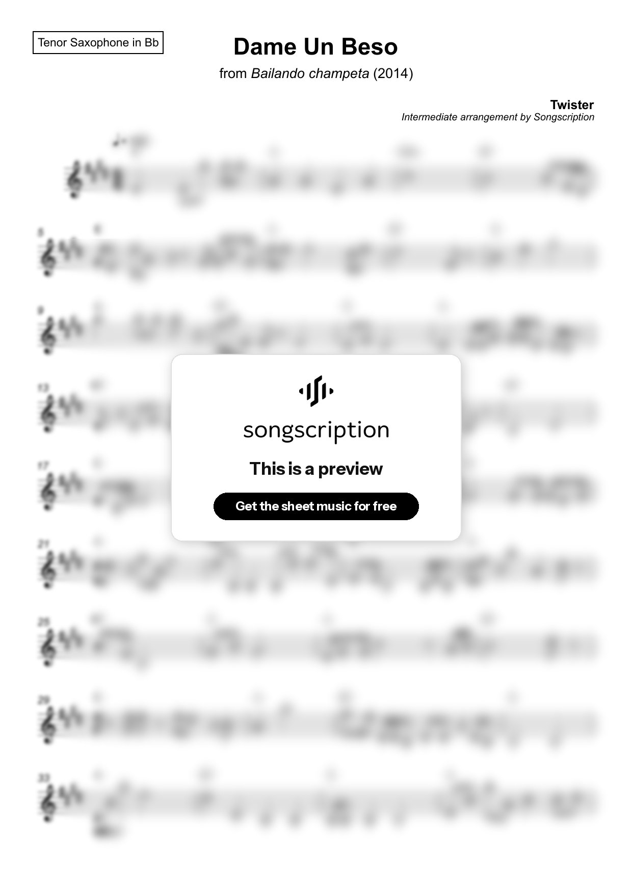 Intermediate Tenor Sax Sheet Music for "Dame Un Beso" by Twister