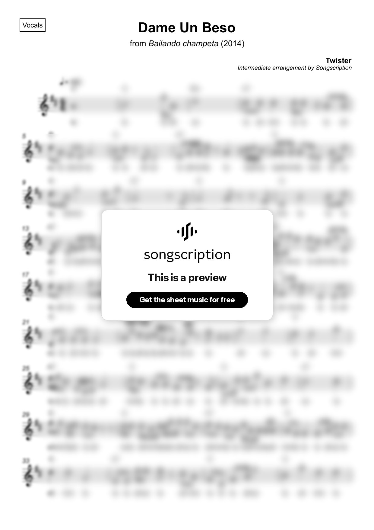 Intermediate Vocals Sheet Music for "Dame Un Beso" by Twister
