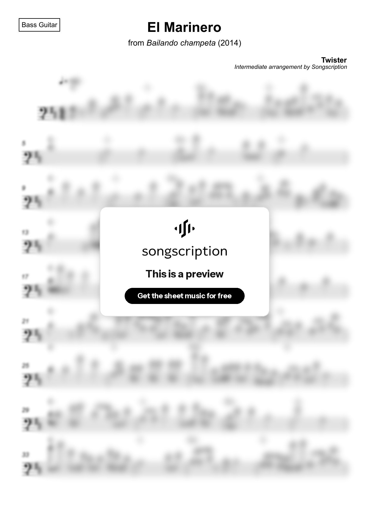 Intermediate Bass Guitar Sheet Music for "El Marinero" by Twister