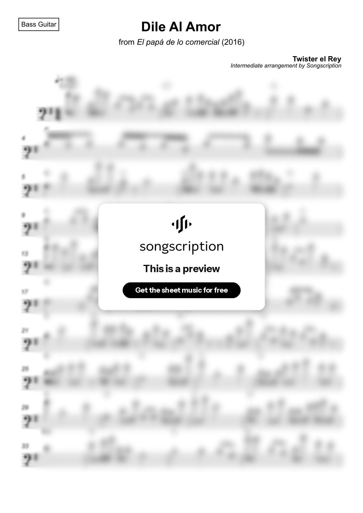 Intermediate Bass Guitar Sheet Music for "Dile Al Amor" by Twister el Rey