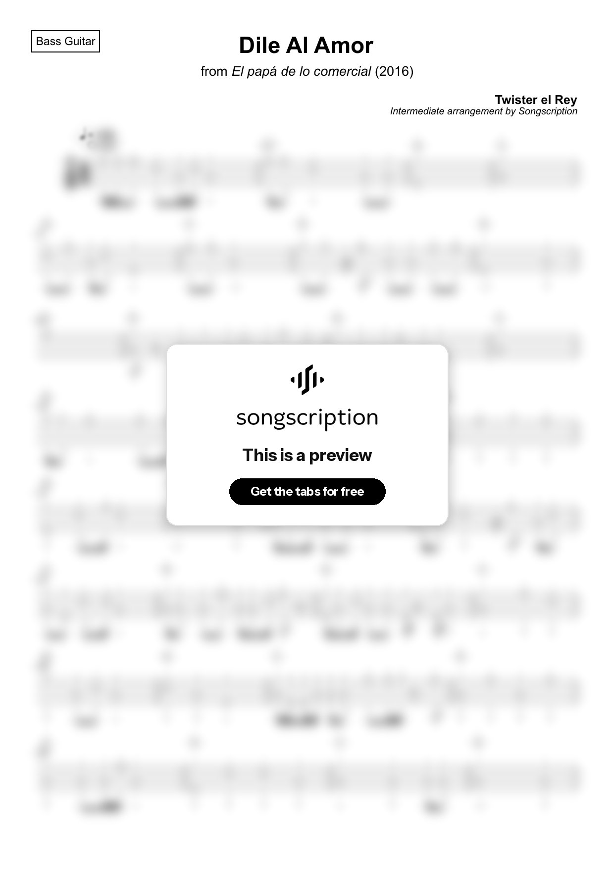 Intermediate Bass Guitar Tabs for "Dile Al Amor" by Twister el Rey