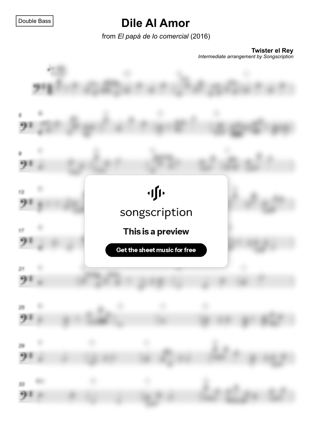 Intermediate Double Bass Sheet Music for "Dile Al Amor" by Twister el Rey