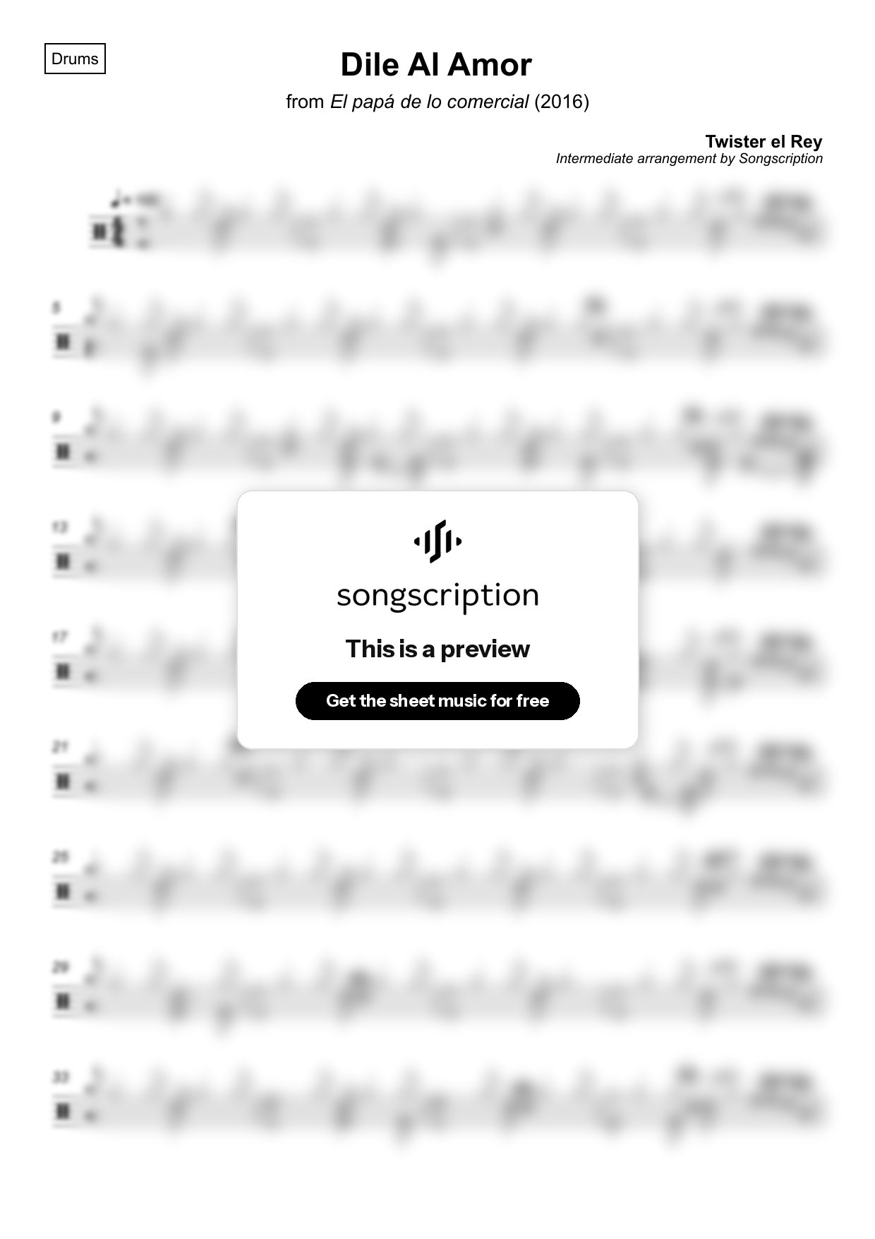 Intermediate Drums Sheet Music for "Dile Al Amor" by Twister el Rey