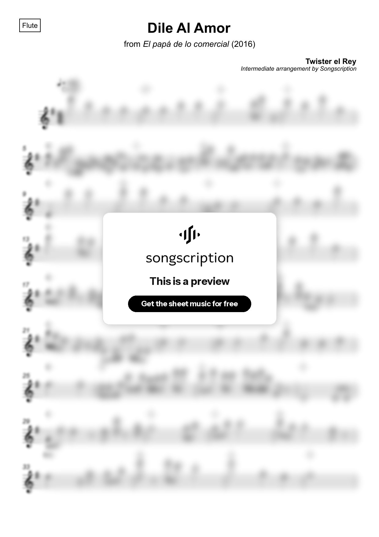 Intermediate Flute Sheet Music for "Dile Al Amor" by Twister el Rey
