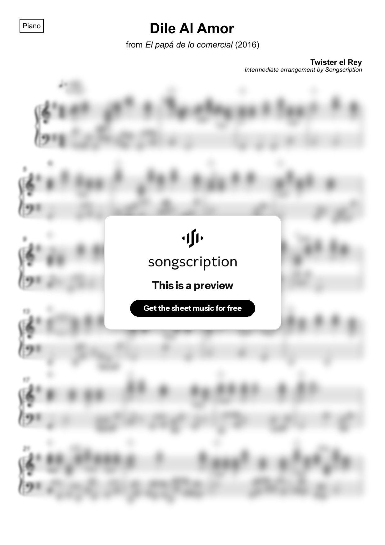 Intermediate Piano Sheet Music for "Dile Al Amor" by Twister el Rey