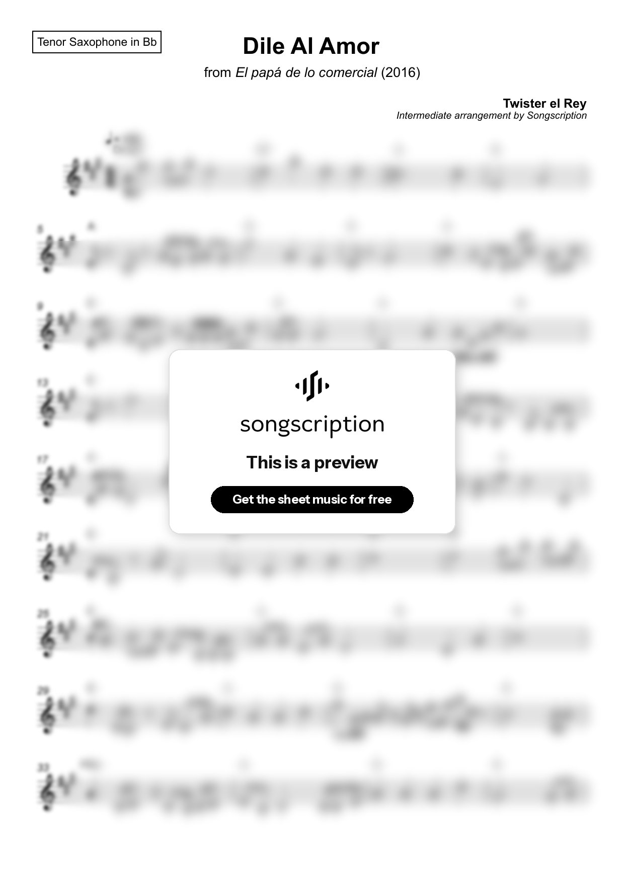 Intermediate Tenor Sax Sheet Music for "Dile Al Amor" by Twister el Rey