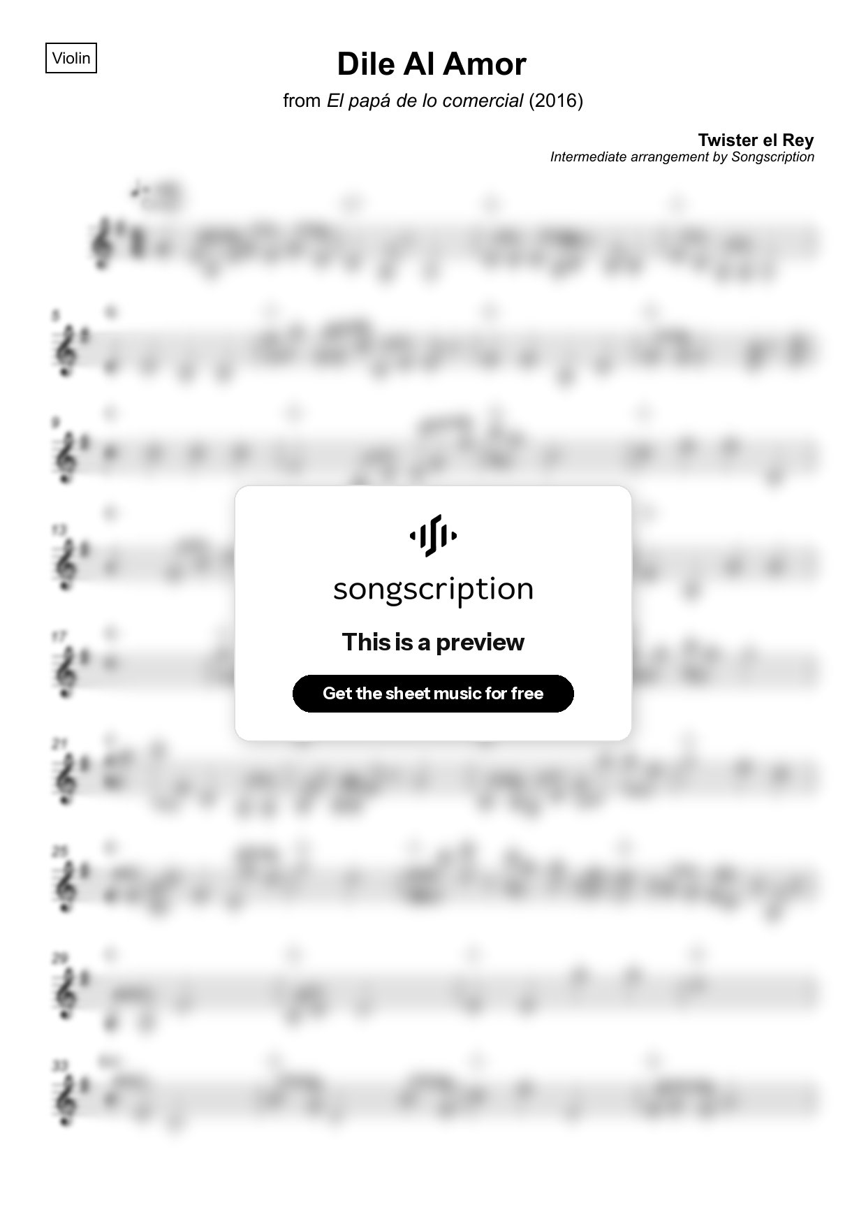 Intermediate Violin Sheet Music for "Dile Al Amor" by Twister el Rey