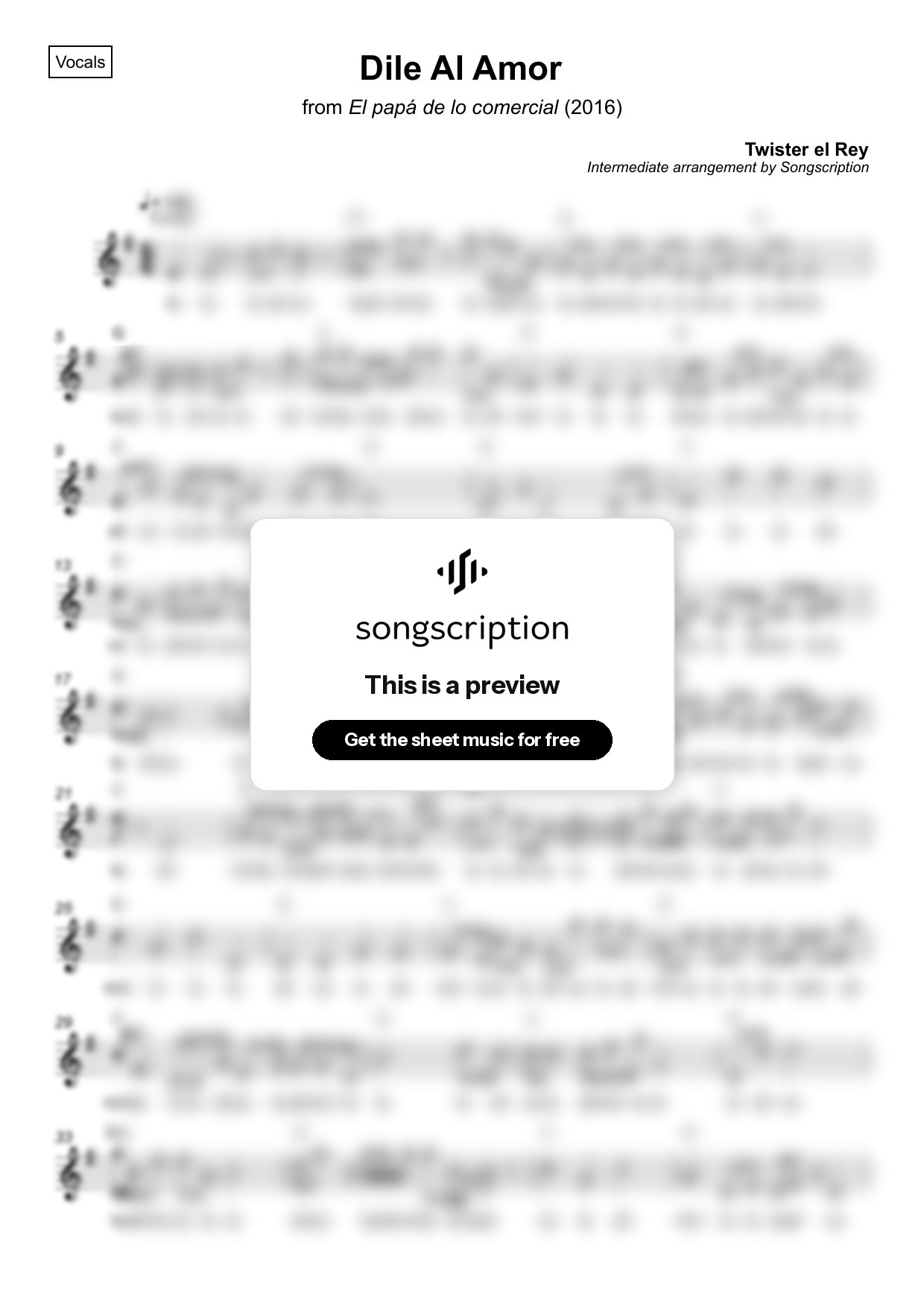 Intermediate Vocals Sheet Music for "Dile Al Amor" by Twister el Rey