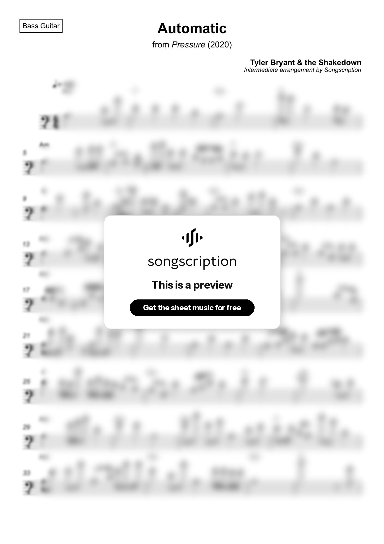 Intermediate Bass Guitar Sheet Music for "Automatic" by Tyler Bryant & the Shakedown