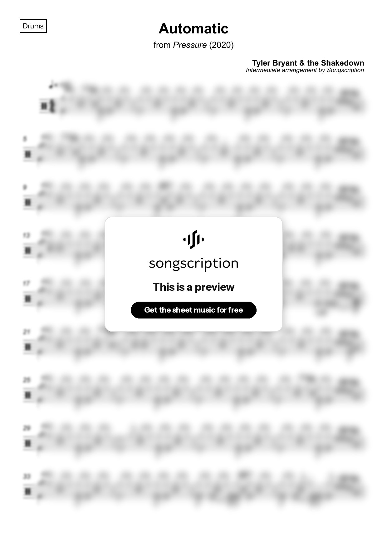 Intermediate Drums Sheet Music for "Automatic" by Tyler Bryant & the Shakedown