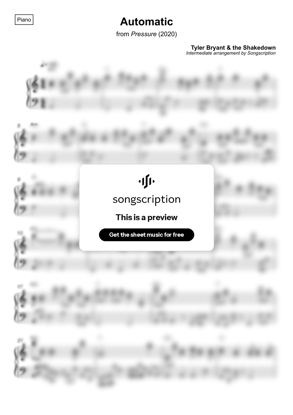 Intermediate Piano Sheet Music for "Automatic" by Tyler Bryant & the Shakedown