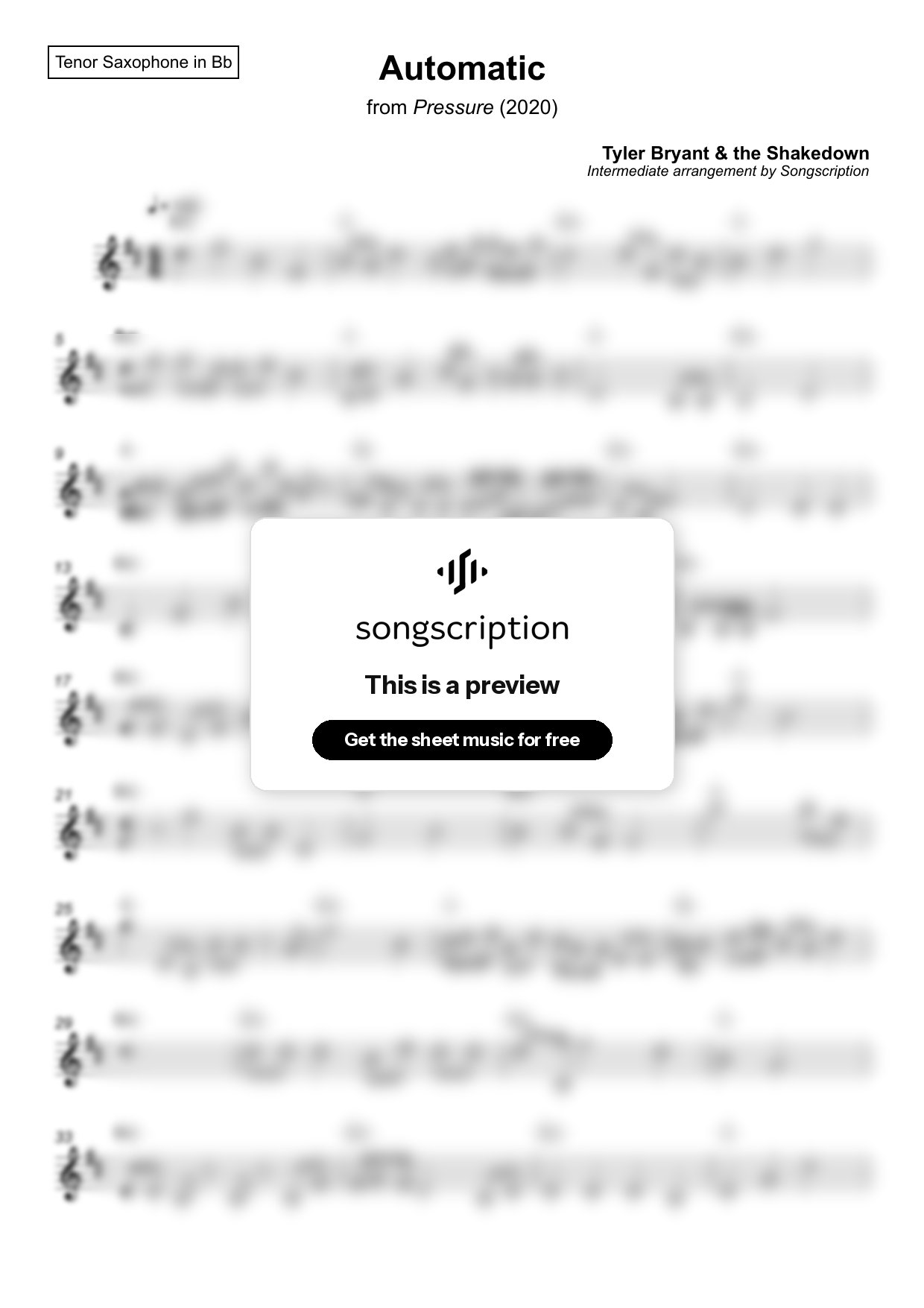Intermediate Tenor Sax Sheet Music for "Automatic" by Tyler Bryant & the Shakedown