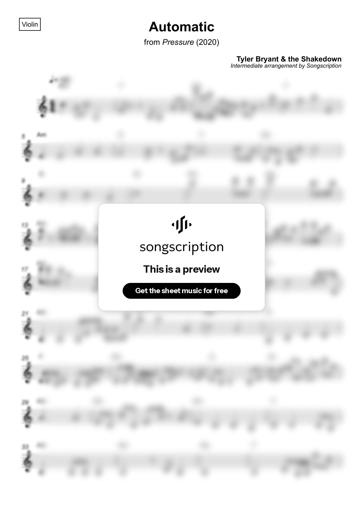 Intermediate Violin Sheet Music for "Automatic" by Tyler Bryant & the Shakedown