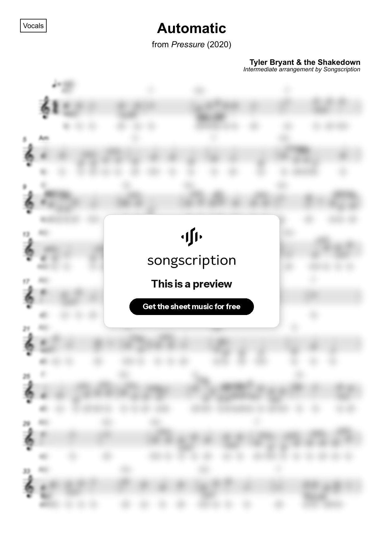 Intermediate Vocals Sheet Music for "Automatic" by Tyler Bryant & the Shakedown