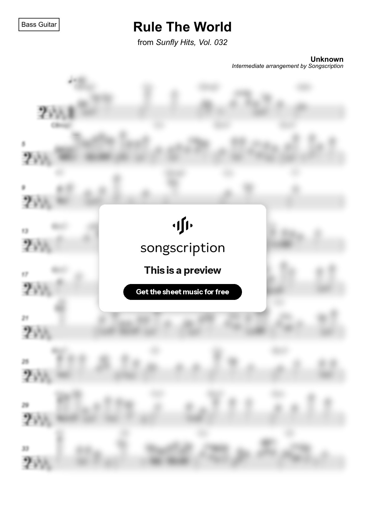 Intermediate Bass Guitar Sheet Music for "Rule The World" by Unknown