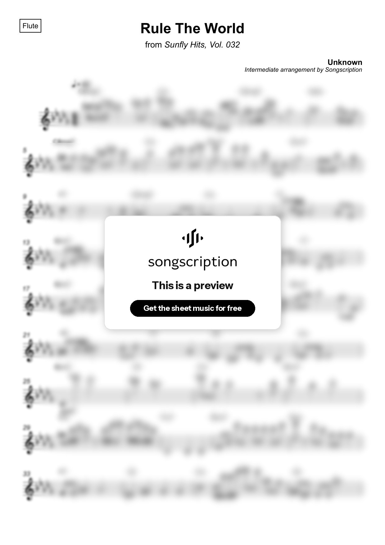 Intermediate Flute Sheet Music for "Rule The World" by Unknown