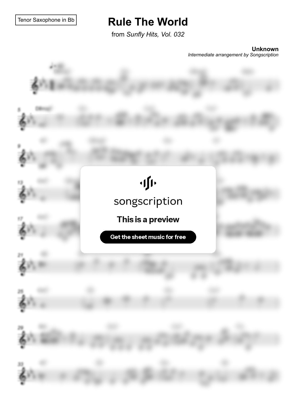 Intermediate Tenor Sax Sheet Music for "Rule The World" by Unknown