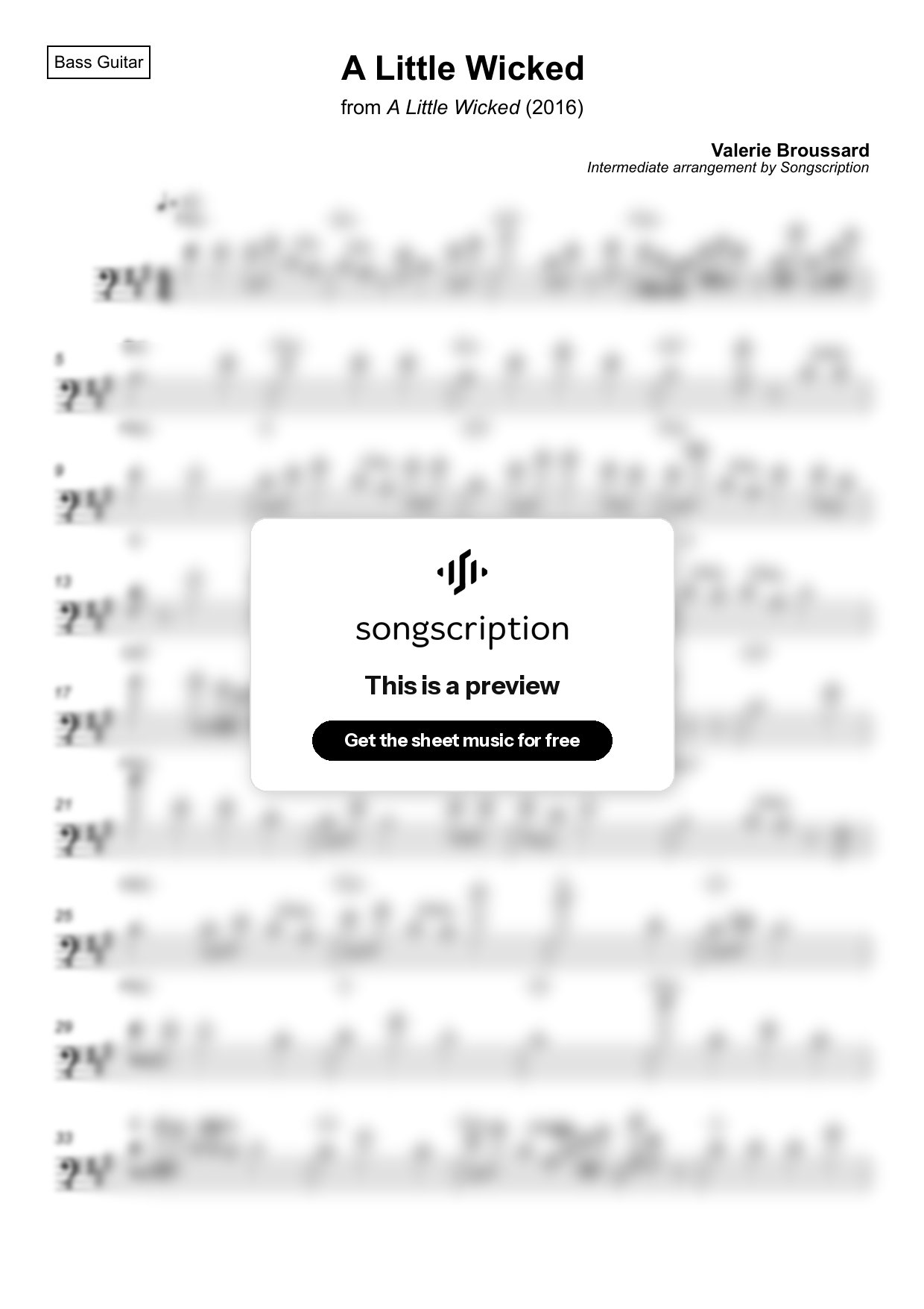 Intermediate Bass Guitar Sheet Music for "A Little Wicked" by Valerie Broussard
