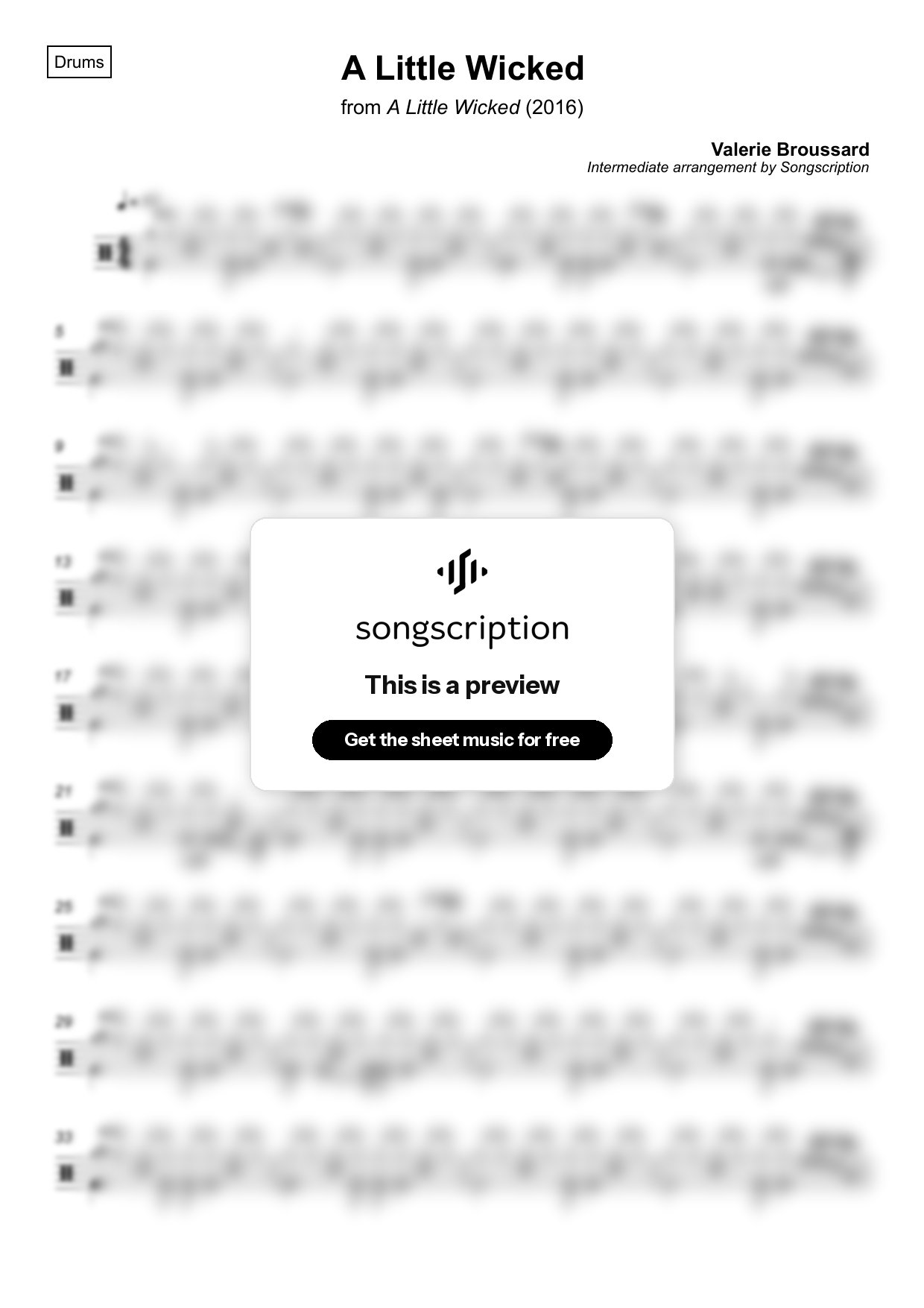 Intermediate Drums Sheet Music for "A Little Wicked" by Valerie Broussard