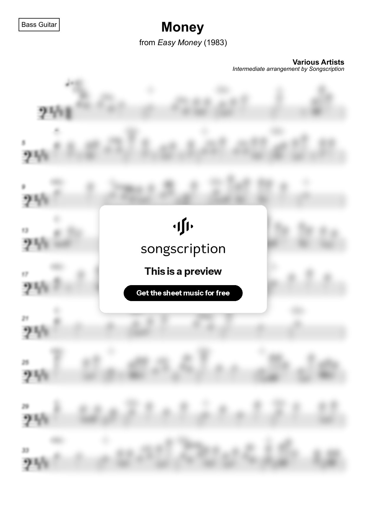 Intermediate Bass Guitar Sheet Music for "Money" by Various Artists