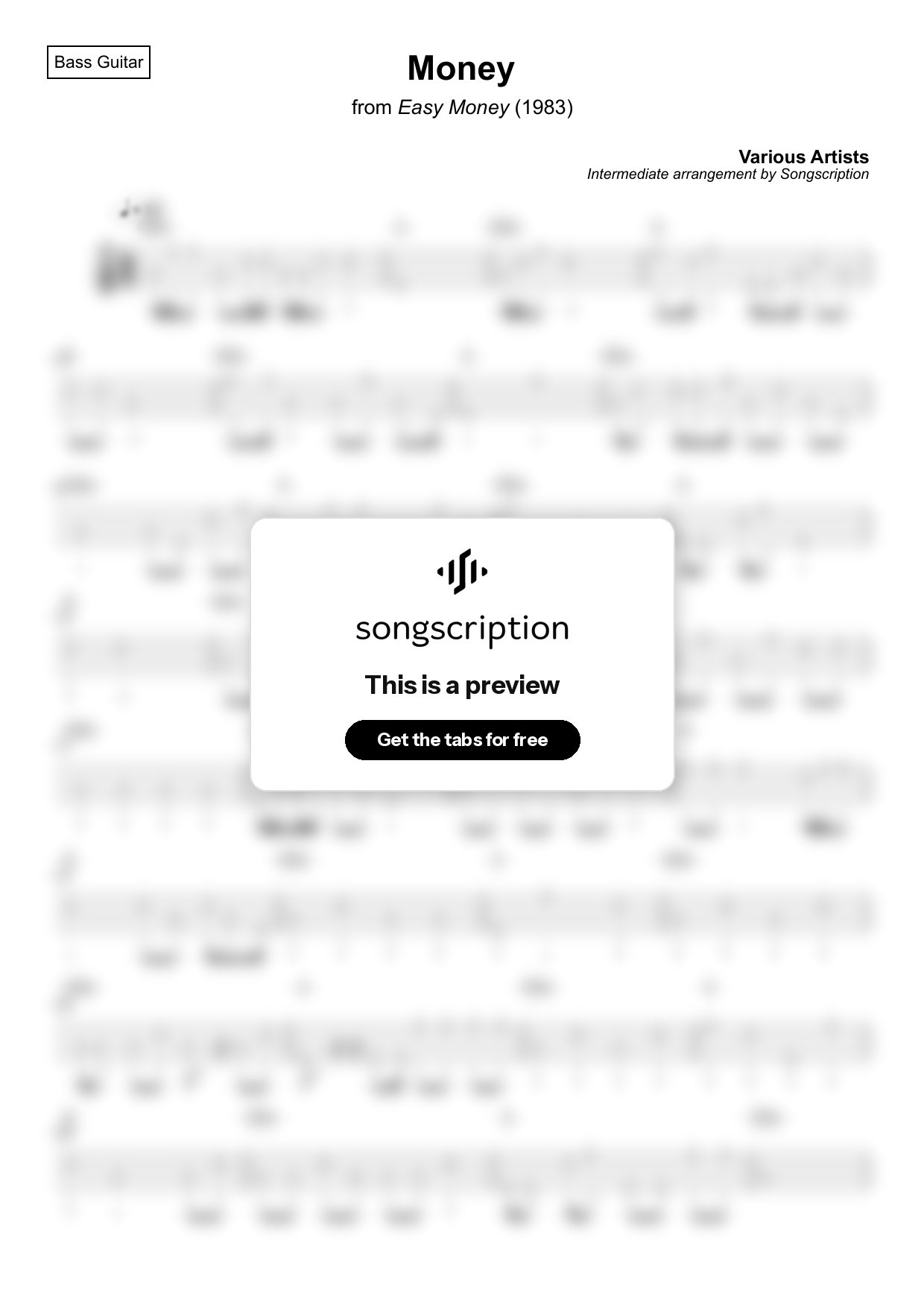Intermediate Bass Guitar Tabs for "Money" by Various Artists
