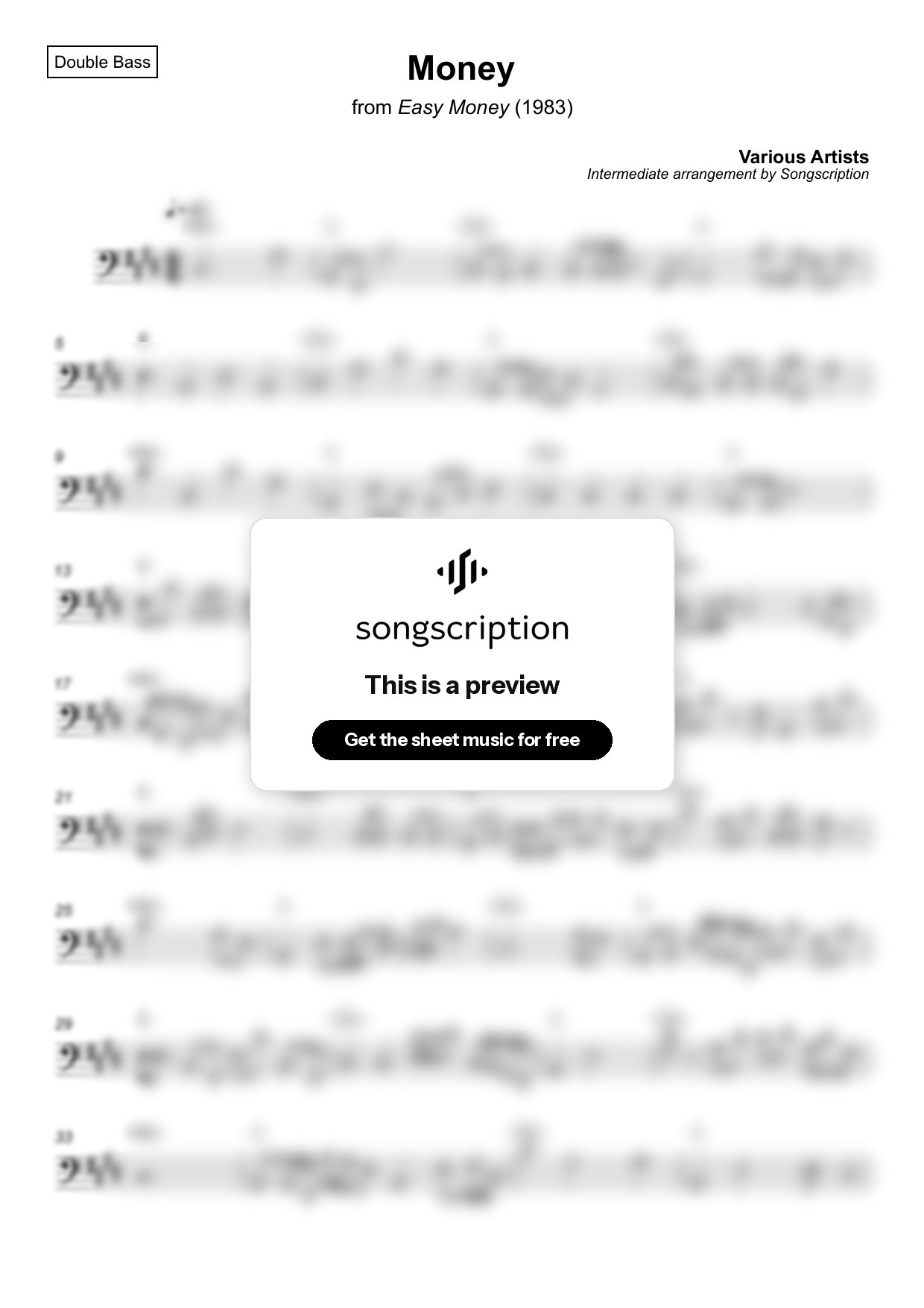 Intermediate Double Bass Sheet Music for "Money" by Various Artists