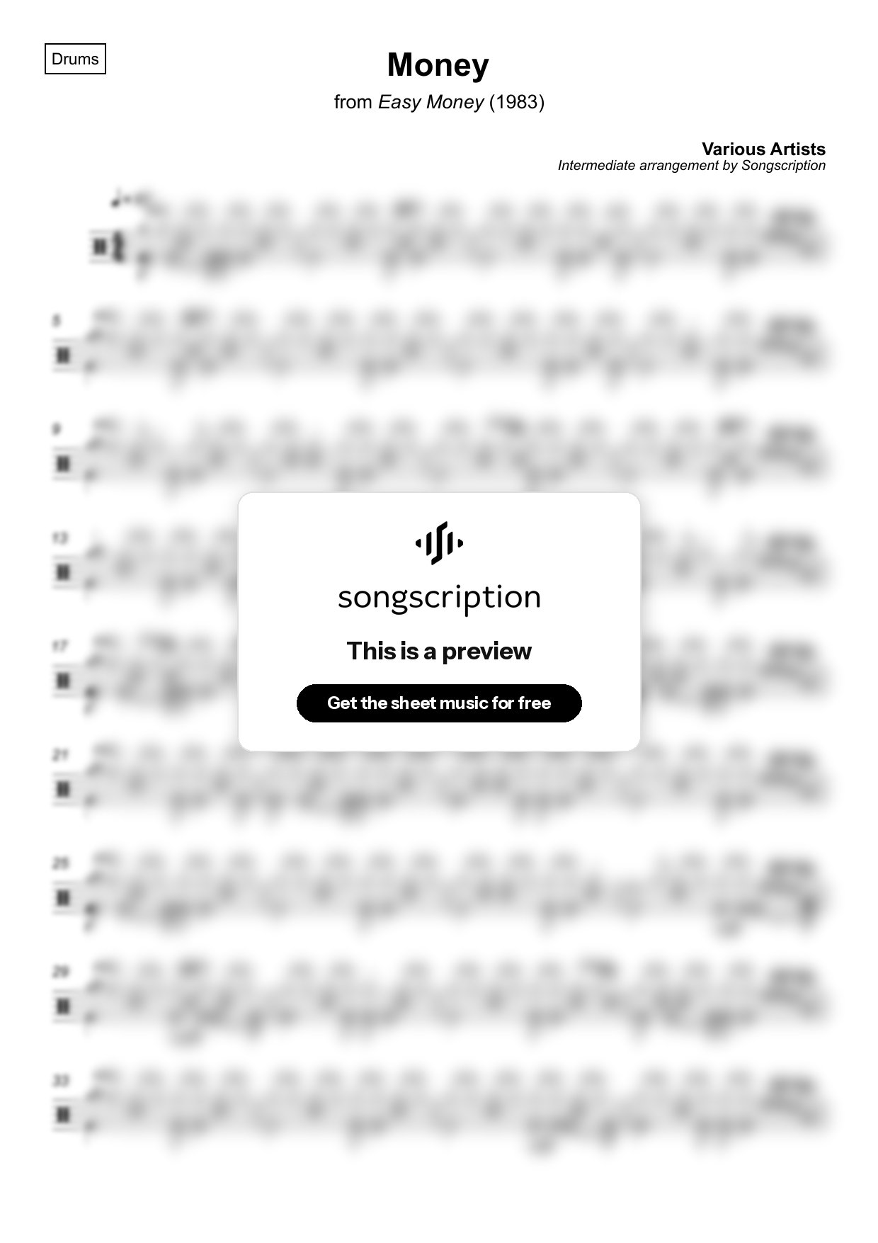 Intermediate Drums Sheet Music for "Money" by Various Artists