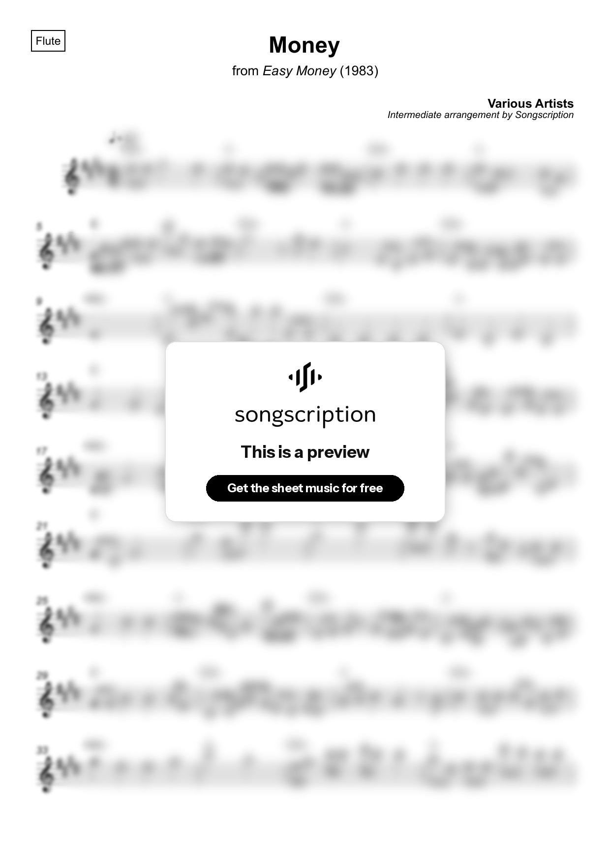 Intermediate Flute Sheet Music for "Money" by Various Artists