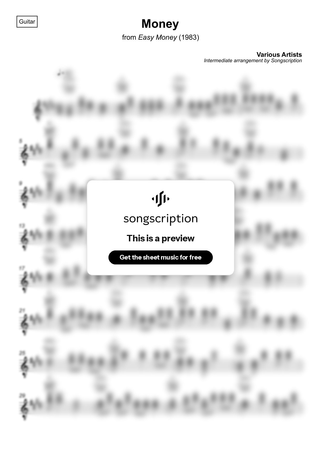 Intermediate Acoustic Guitar Sheet Music for "Money" by Various Artists