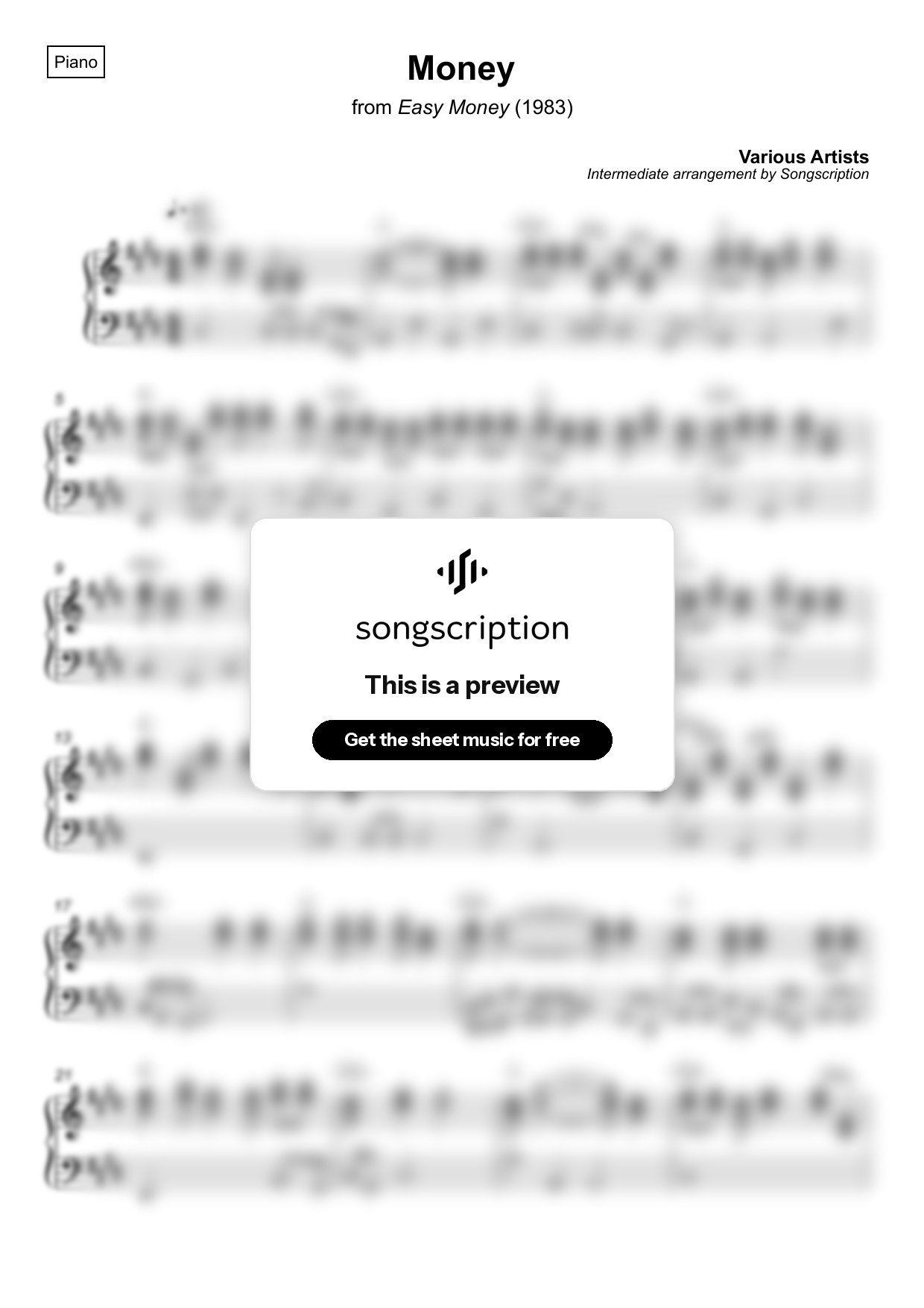 Intermediate Piano Sheet Music for "Money" by Various Artists
