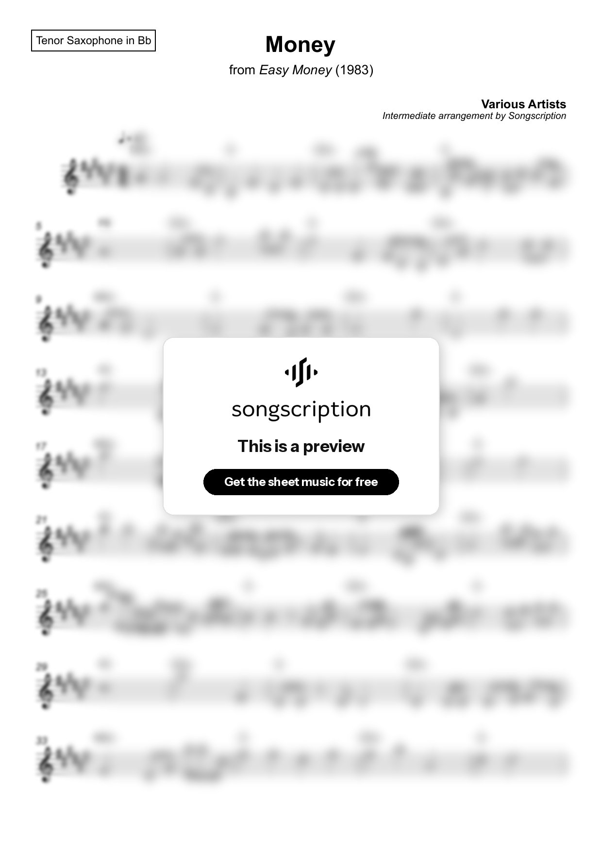 Intermediate Tenor Sax Sheet Music for "Money" by Various Artists