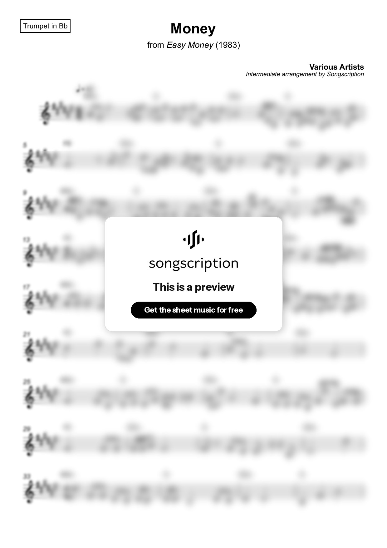 Intermediate Trumpet Sheet Music for "Money" by Various Artists