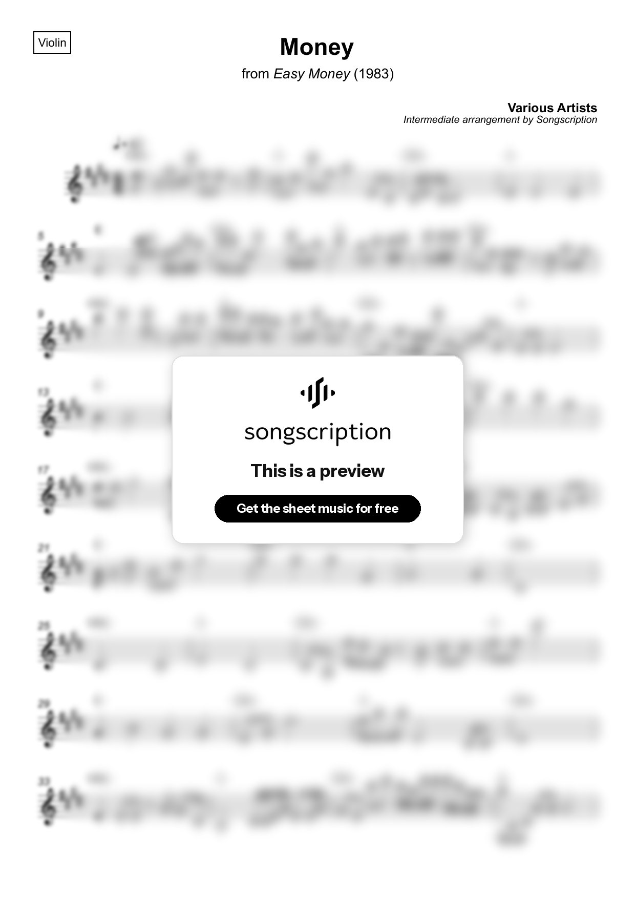 Intermediate Violin Sheet Music for "Money" by Various Artists