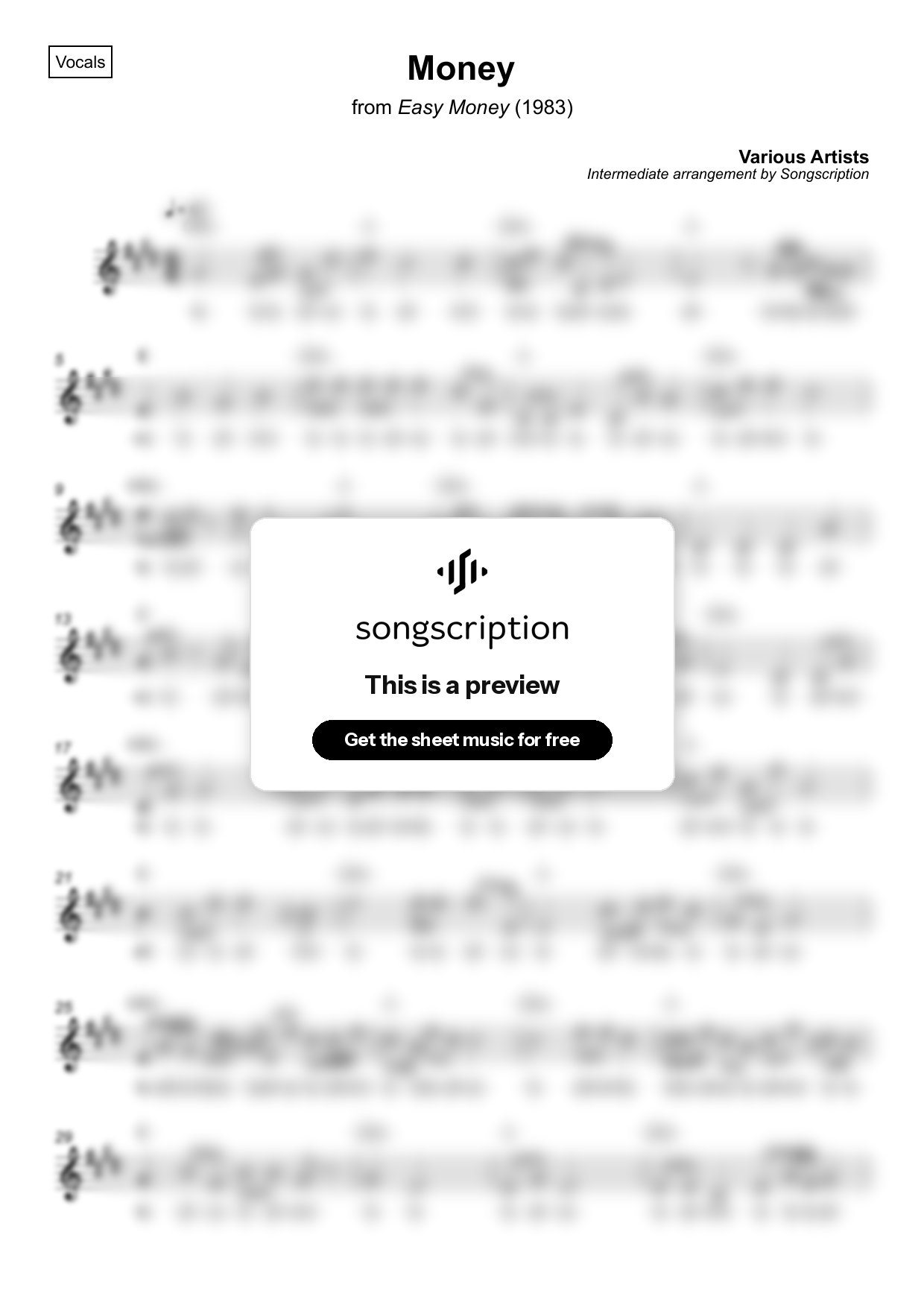 Intermediate Vocals Sheet Music for "Money" by Various Artists