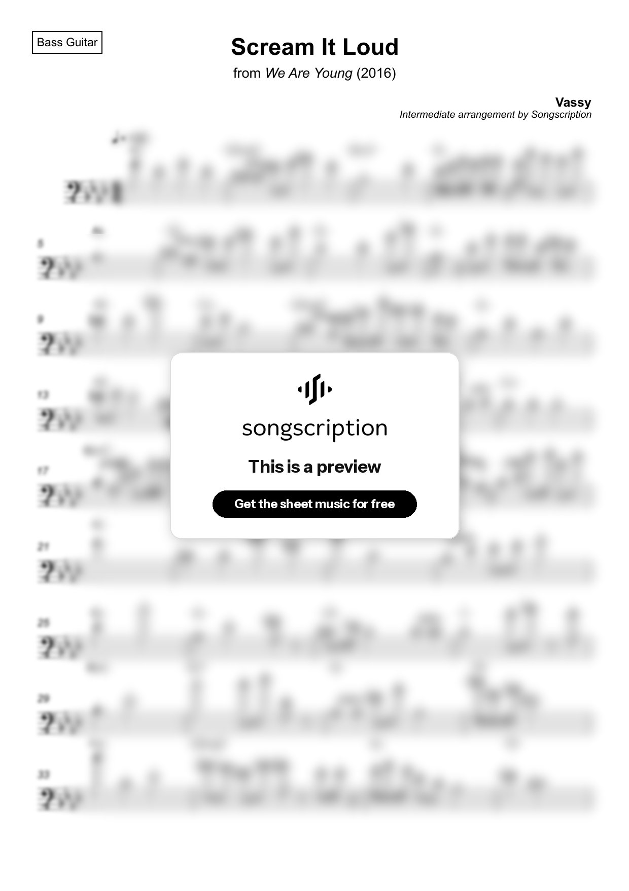Intermediate Bass Guitar Sheet Music for "Scream It Loud" by Vassy