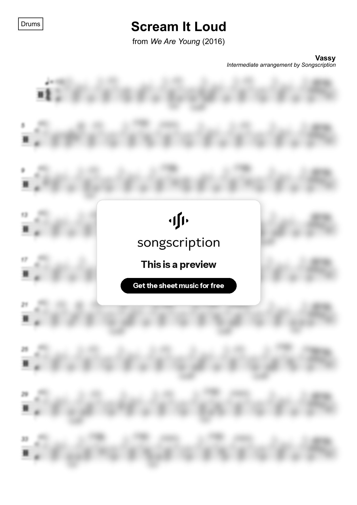 Intermediate Drums Sheet Music for "Scream It Loud" by Vassy